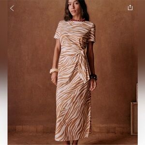 Sezane PIPPA Dress Zebra-Print Tie-Waist Midi Dress in Tan and White